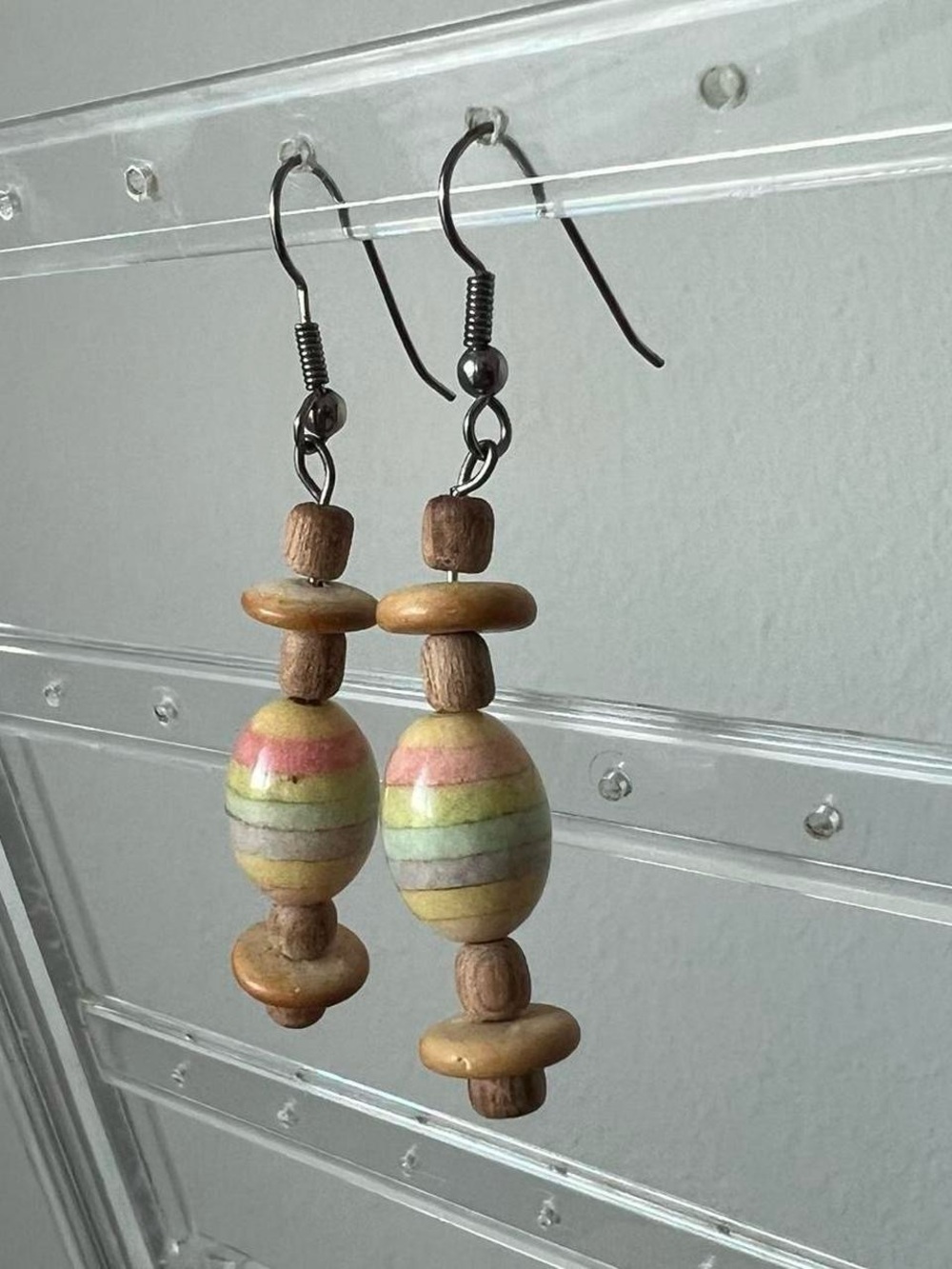handmade pastel wooden bead dangly earrings